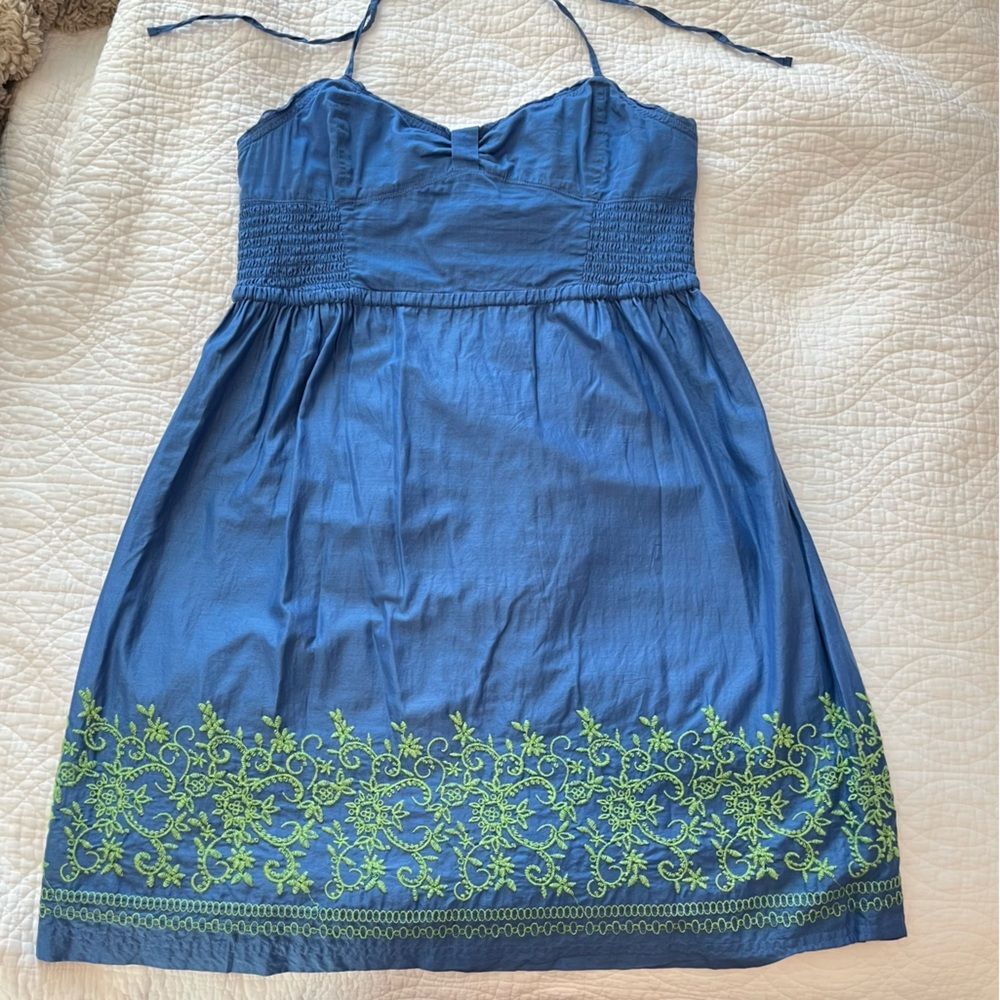 Aeropostale Y2K Cotton Eyelet Halter Mini Dress Large Blue Summer Girlhood Twee